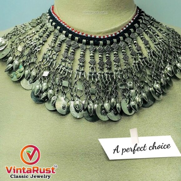 Tribal Vintage Long Charm Dangling Tassels Necklace, Traditional Kuchi Handcraft